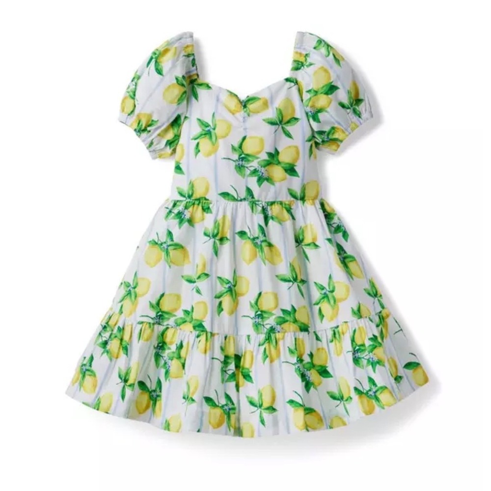 Janie and Jack Girls Lemon Print Puff Sleeve Tiered Dress White Blue Stripe 4